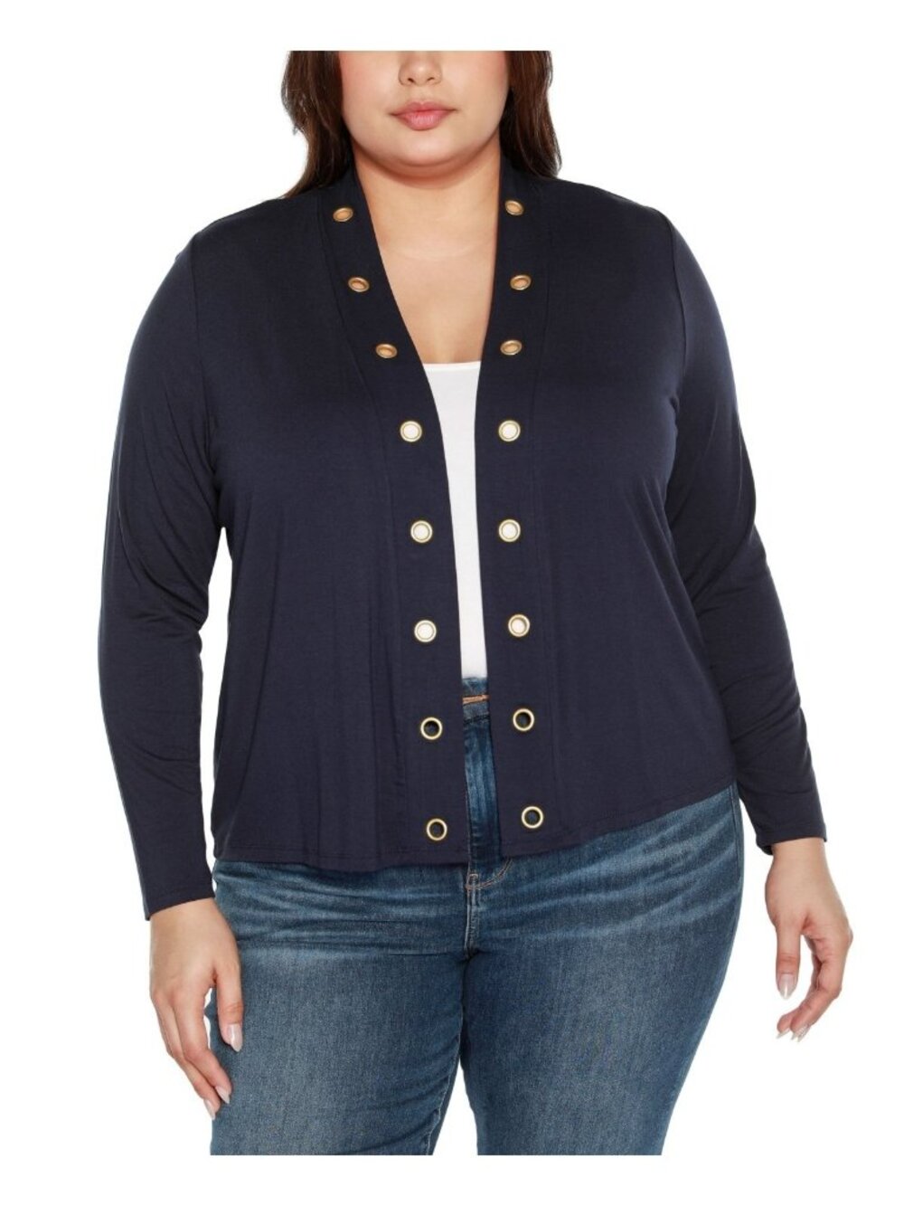 Belldini Plus Size 1X Grommet Detail Cropped Knit Cardigan Sweater Navy Blue $59